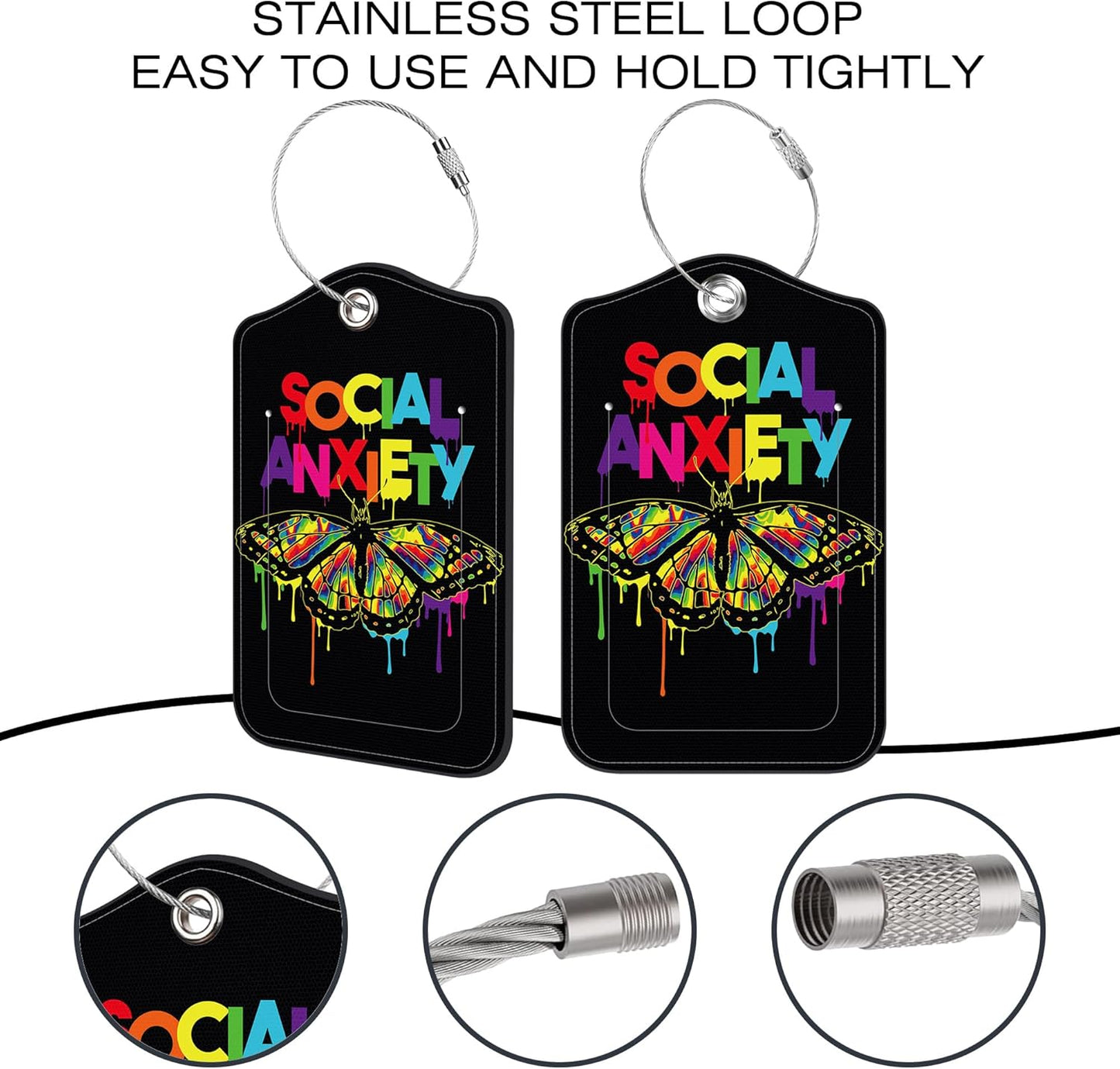 2 Pack Luggage Tags,Social Anxiety Slogan PU Leather Idea Baggage Tag with ID Labels Privacy Cover Metal Ring Men and Women Travel Bag Labels