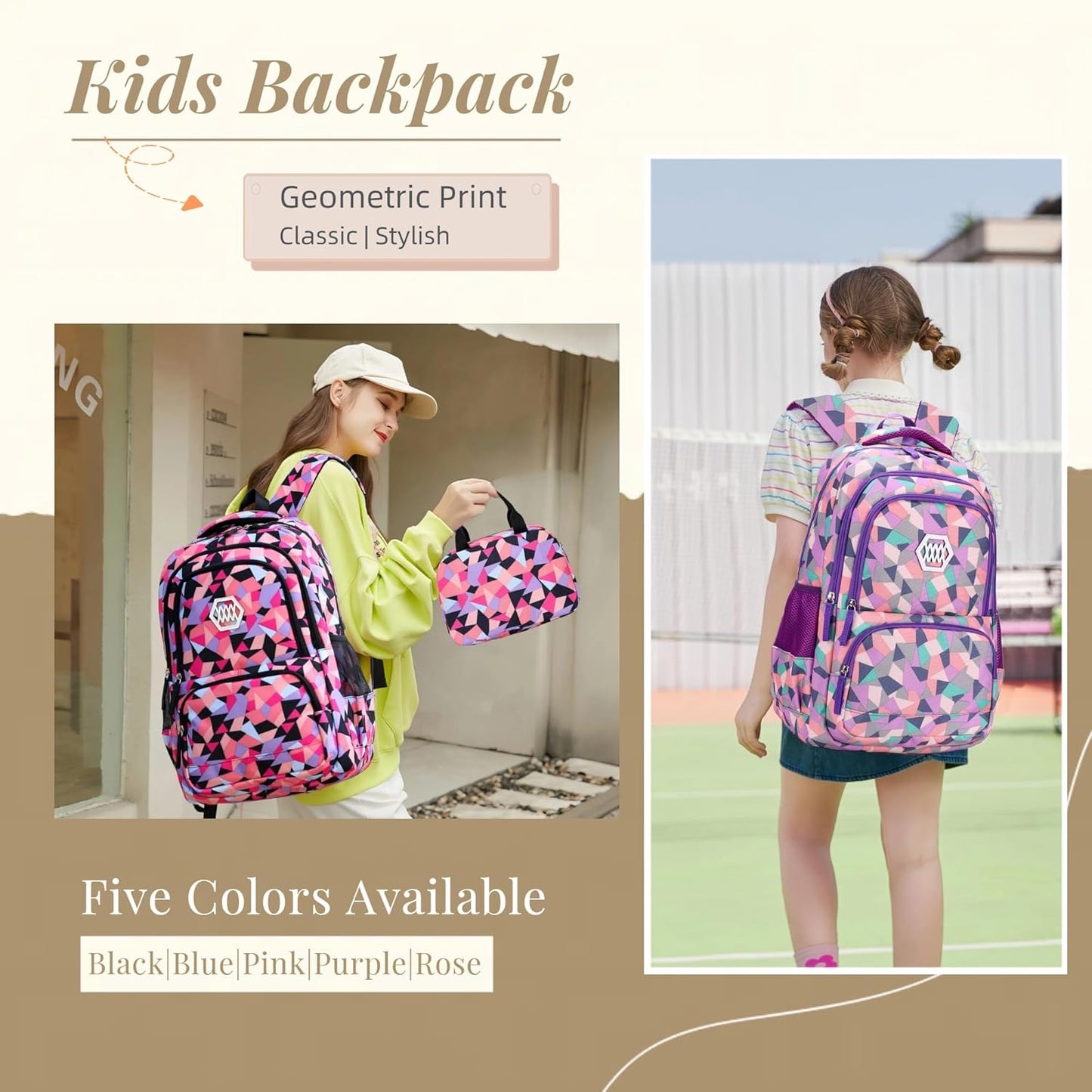 3Pcs Geometric Print Kids Backpack Set for Girls with Lunchbox, Capacity Elementary Middle School Bag Girls Backpack and Lunchbox Set
