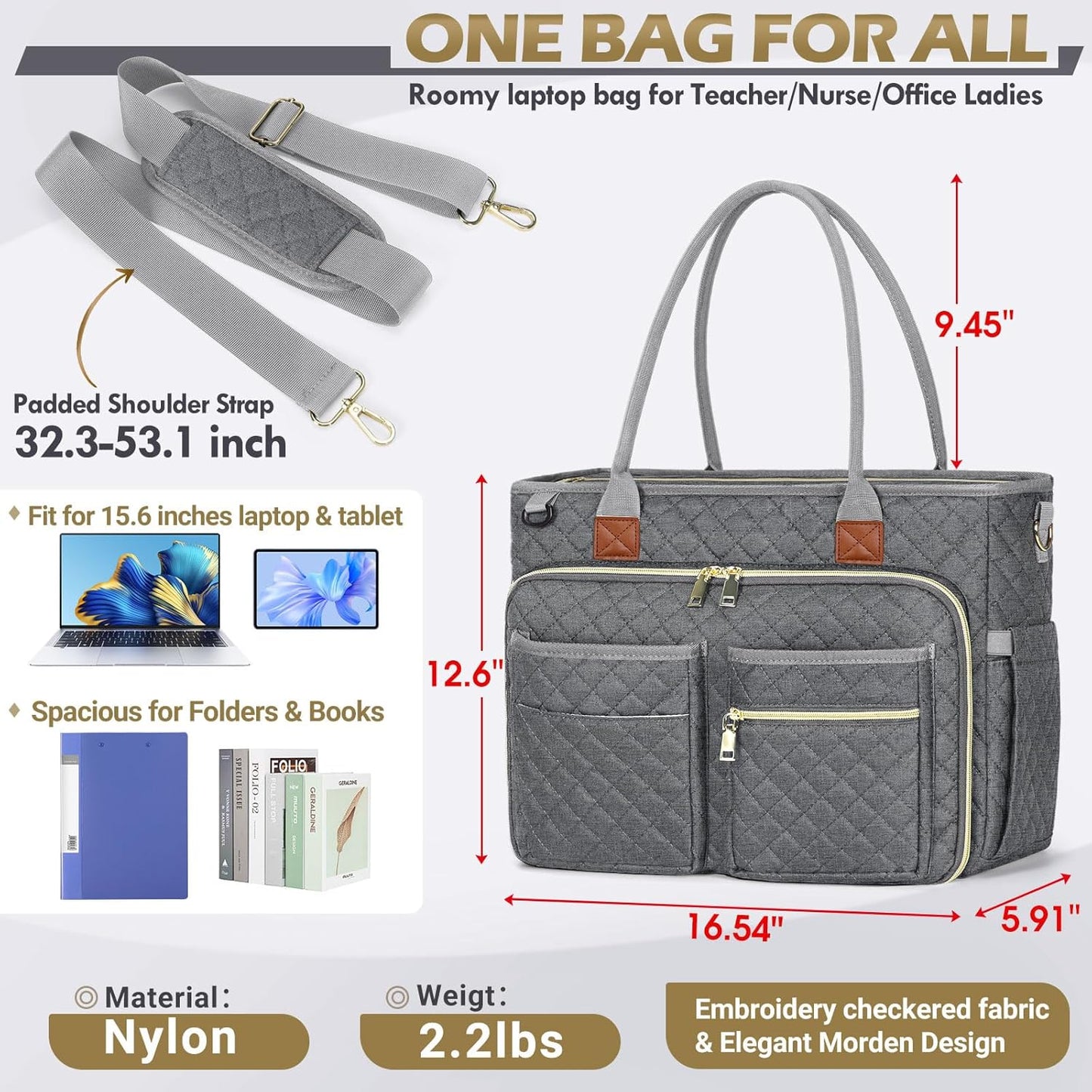 RAINSMORE Teacher Tote Bag 15.6 inch Laptop Bag for Women Work Bags Laptop Tote Nurse Bag Professional Computer Messenger with Insulated Pocket, Laptop Briefcase for Office, College, Nursing, Grey
