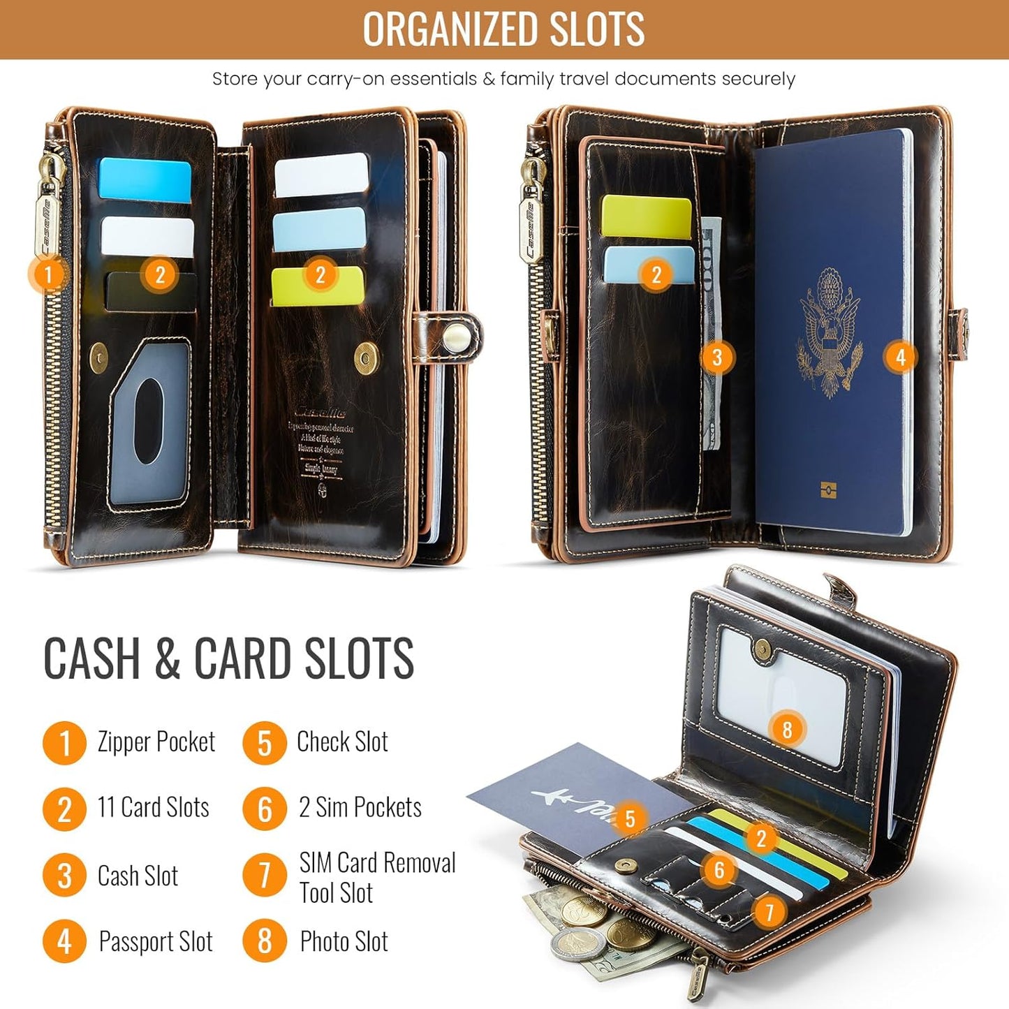 Passport Holder Wallet, 12 Card Slots RFID Blocking Travel Organizer, Zippered Coin Pocket & Detachable Wrist Strap Secure AMagnetic Closure Passport Case for Men & Women (Brown)