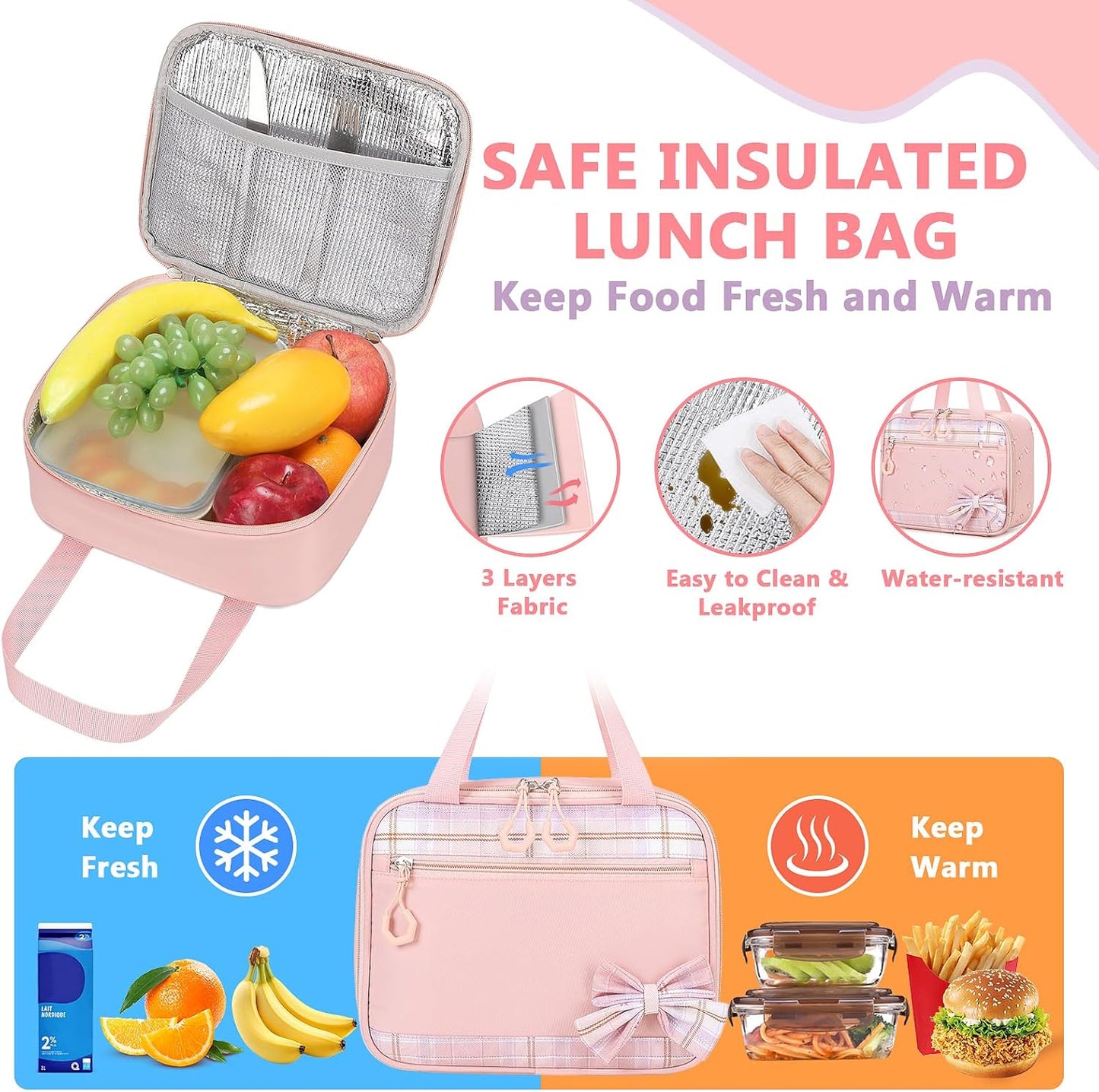 Girls Backpack, 2pcs Set Kawaii Kids Backpack with Insulated Lunch Box Bag Girls Bookbag School Bag for Age 6-12 Years Old, Pink Plain