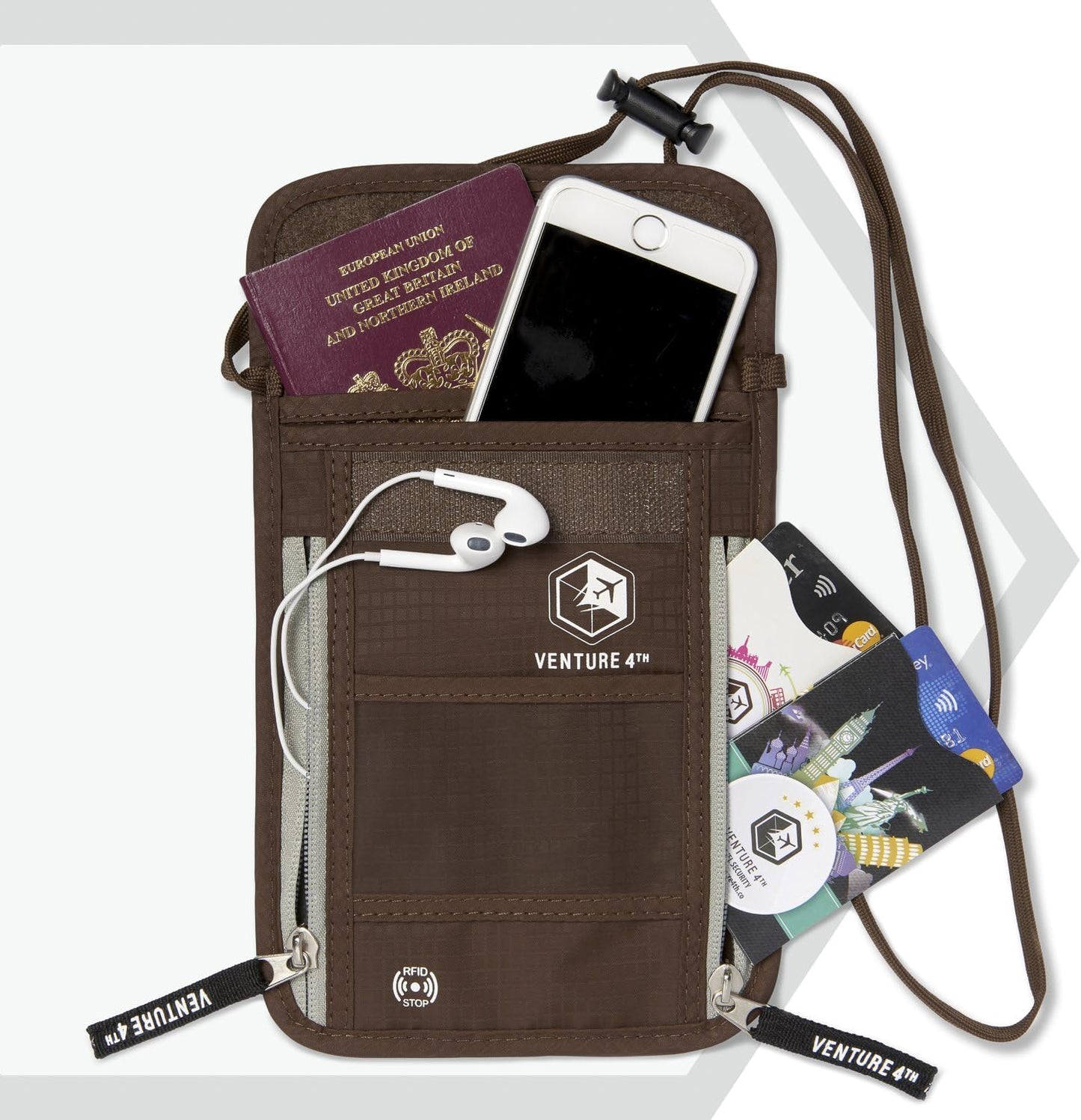 VENTURE 4TH Neck Wallet, RFID Blocking Passport Holder for Travel – Hidden Neck Pouch with 6 Compartments, Slim Lightweight Organizer with Adjustable Strap for Cash, Cards & Passport (Brown)