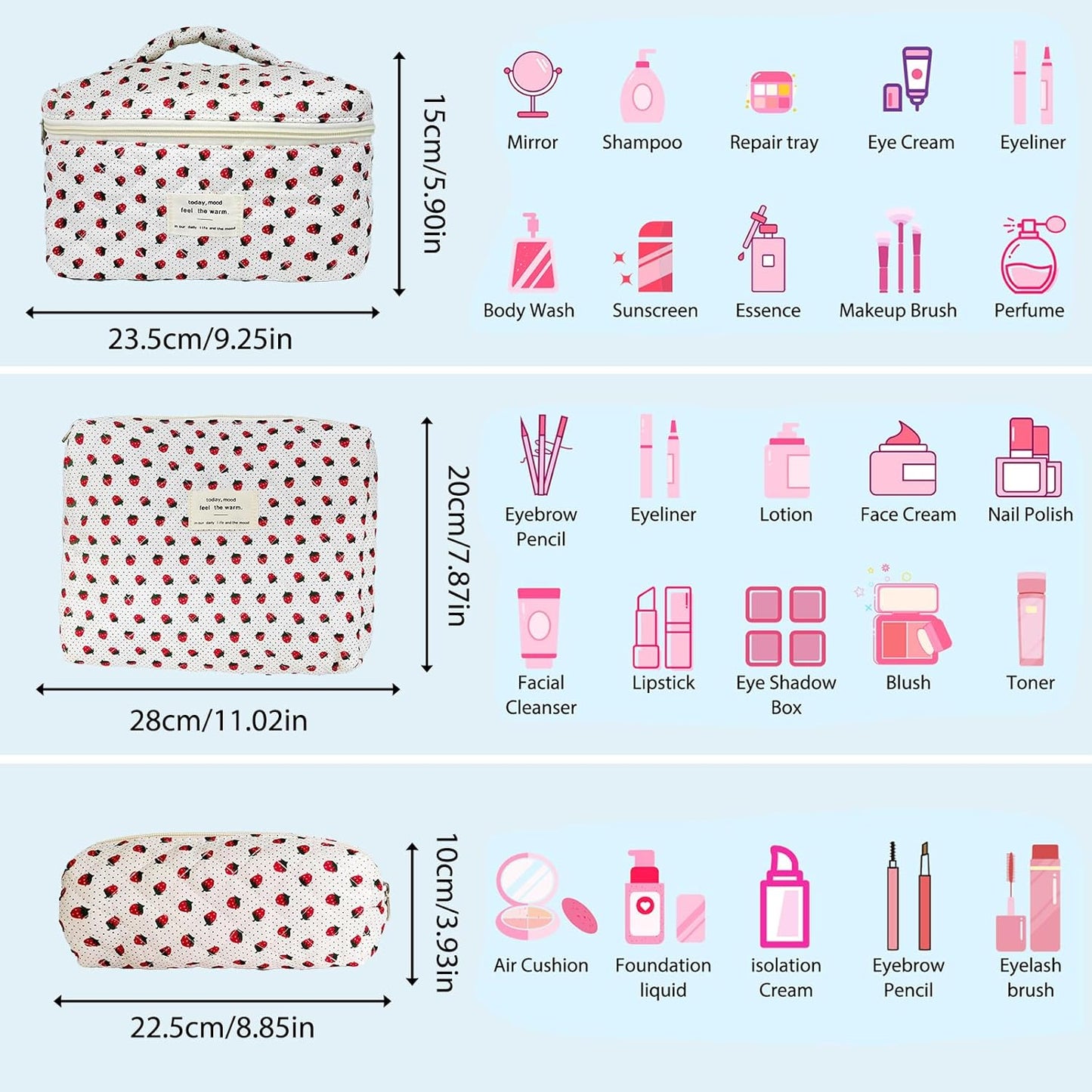 Quilted Makeup Bag, Large Capacity Travel Cosmetic Bag for Women and Girls, Aesthetic Storage for Daily and Travel Use (3pcs-Wildstrawberry)