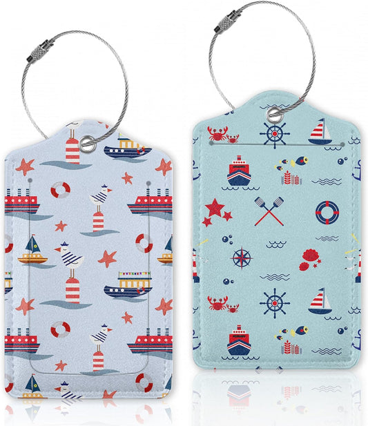 Marine Ships and Starfish Luggage Tags for Suitcase,Luggage Tag with Stainless Steel Loop Privacy Cover Id Label Travel Bag Luggage Identifiers for Women Men Travel,Set of 2