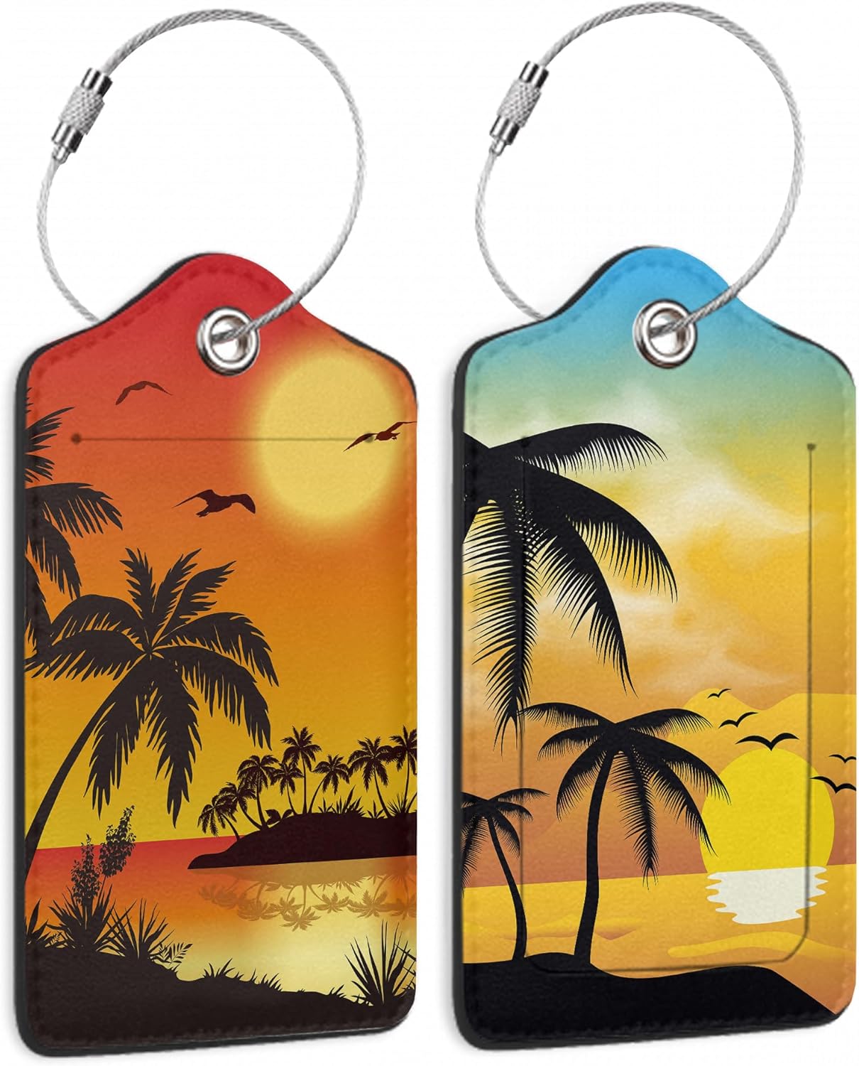 Sunset Seascape with Palm Trees 2 Pack Luggage Tag for Suitcase, Cute Unique Leather Bag Tags Identifiers Privacy Cover ID Label with Durable Steel Loop for Women Men Kids Girls Travel