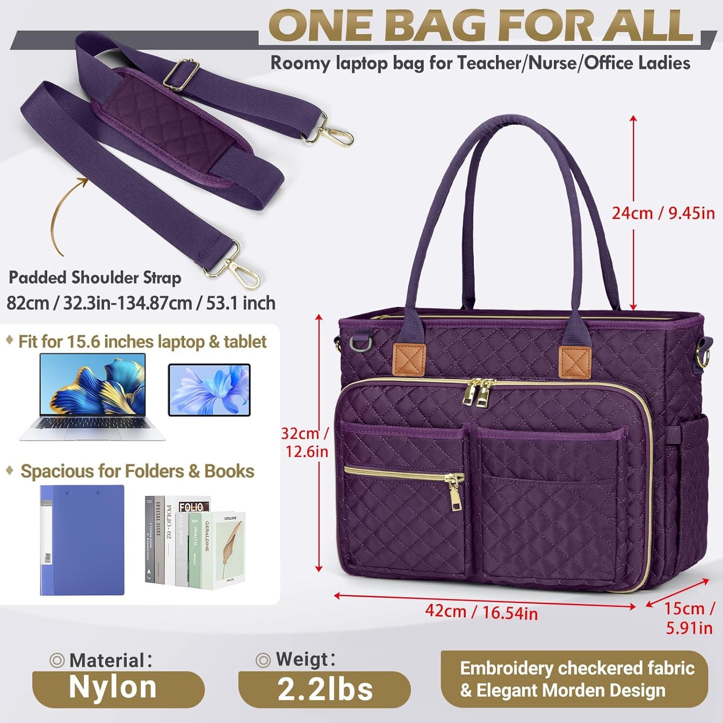 RAINSMORE Teacher Tote Bag 15.6 inch Laptop Bag for Women Work Bags Laptop Tote Nurse Bag Professional Computer Messenger with Insulated Pocket, Laptop Briefcase for Office, College, Dark Purple