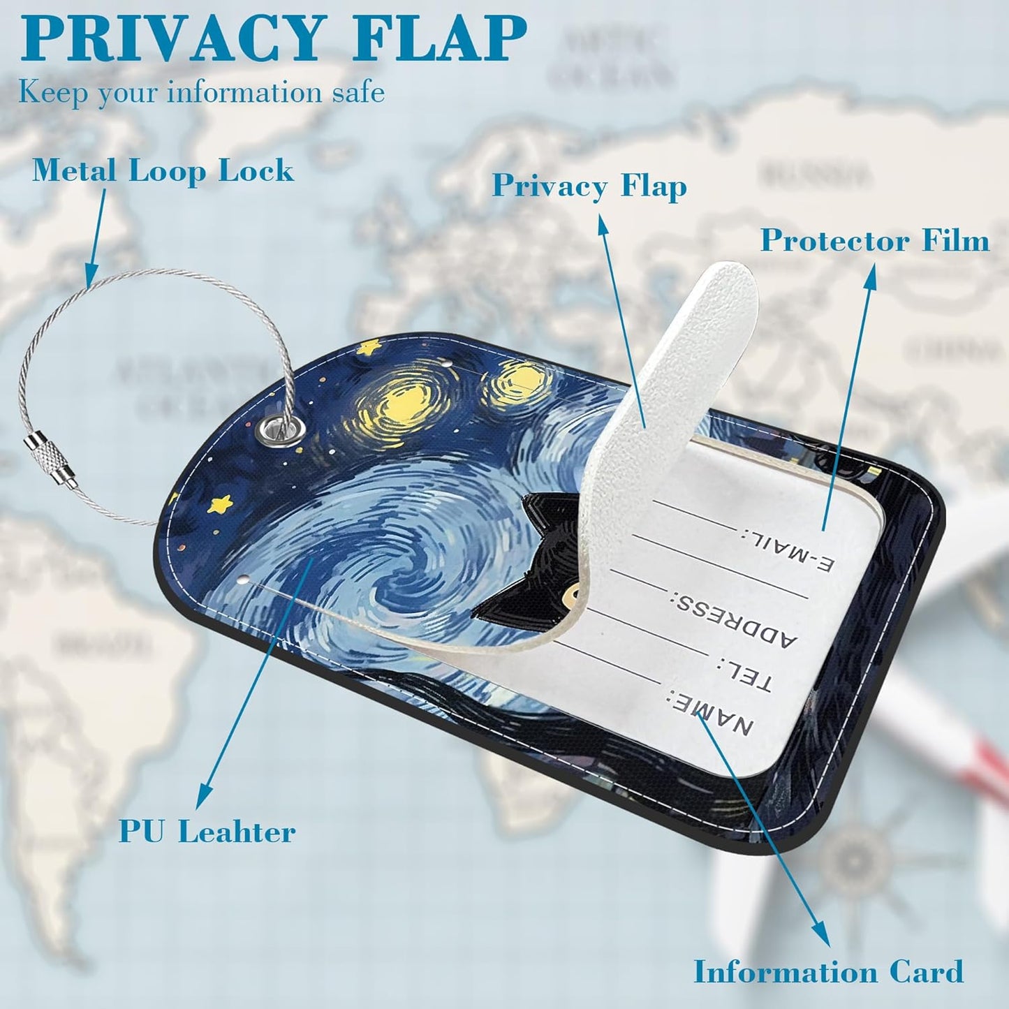 Black Cat Sky Leather Luggage Tag for Suitcase 2 Pack Luggage Tag with Privacy Name ID Label and Stainless Steel Loop for Travel Bag Suitcase