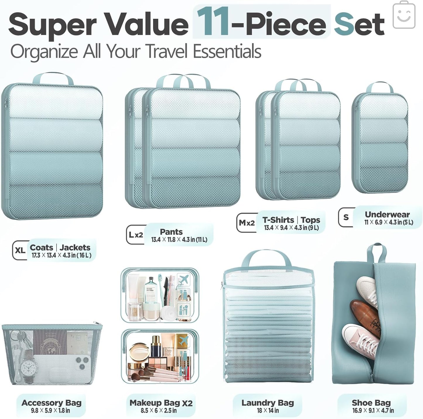 Veken 11 Set Compression Packing Cubes for Travel Essentials,Compressible Expandable Large Luggage