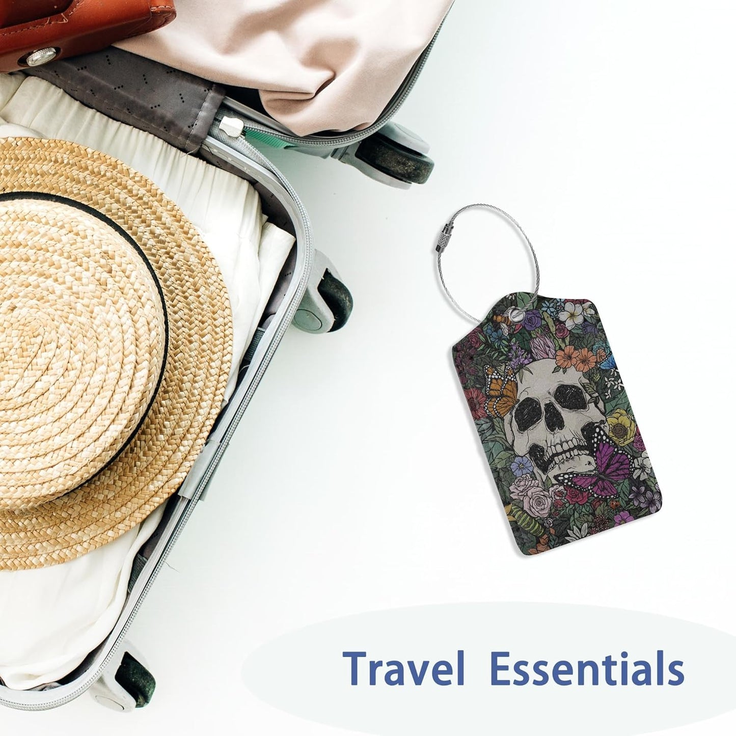 Luggage Tag for Suitcase Gothic Skull Flowers Cute Luggage Tag with Privacy Flap & Name ID Label & Metal Loop,Travel Suitcase Tags for Women 2Pcs