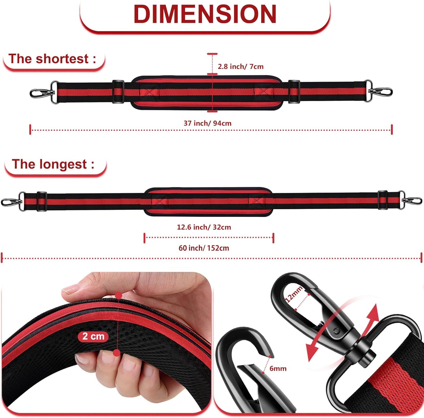 ZINZ 60" Universal Strap with Ultra-thick Fixed Breathable Pad - Adjustable Heavy-duty Shoulder Strap for Laptop, Crossbody Luggage, Gym Bag, Camera Bag and More - TW01B02