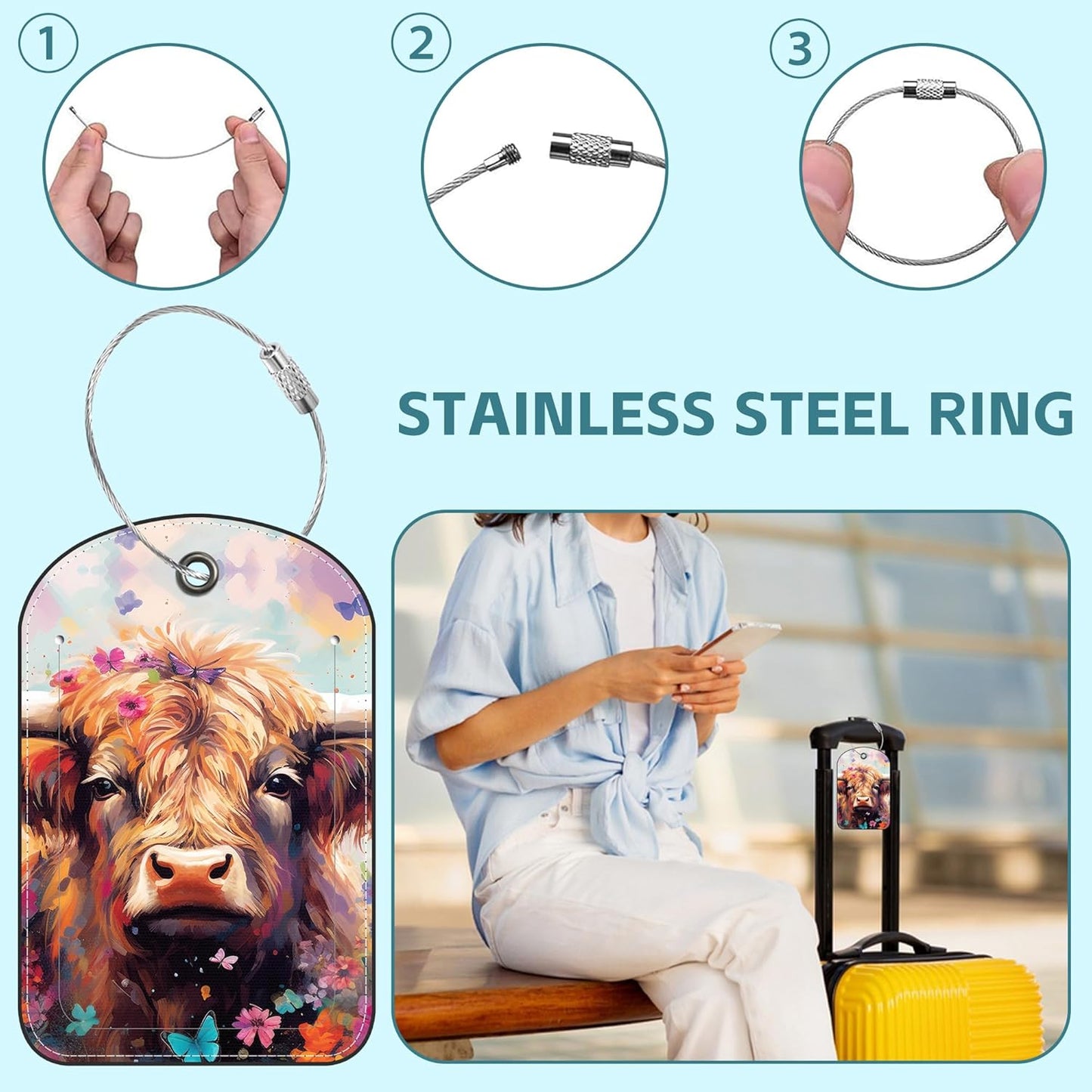 2 Pack Cute Luggage Tag for Suitcases Red Cow Leather Luggage Tags with Stainless Steel Loop Privacy Flap Name Tags,Men and Women Travel Bag Suitcase Tags
