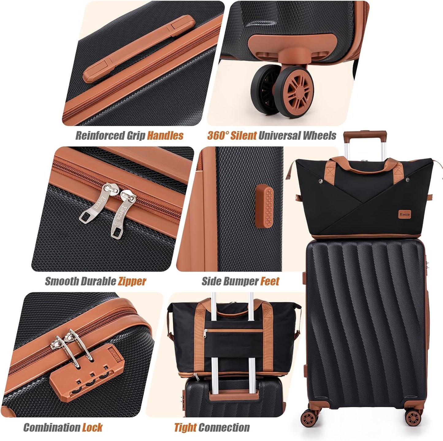 Luggage Sets 5 Piece Suitcases with Wheels,ABS Hard Case Suitcases with Spinner Wheels,Durable Travel Luggage(Black, 5 Piece Set(20"/24"/28"))