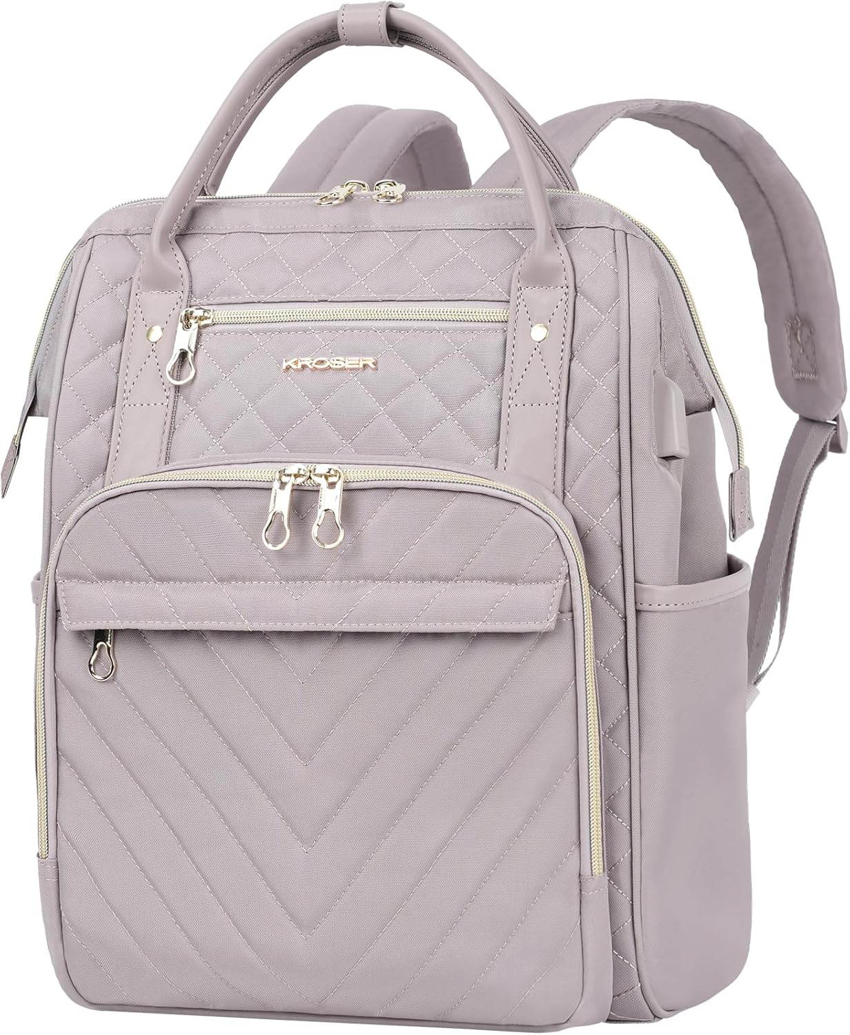 KROSER Laptop Backpack 17" Stylish Backpack Water Repellent College Casual Daypack with USB Port Travel Business Work Bag for Men/Women-Quilted Dusty Pink