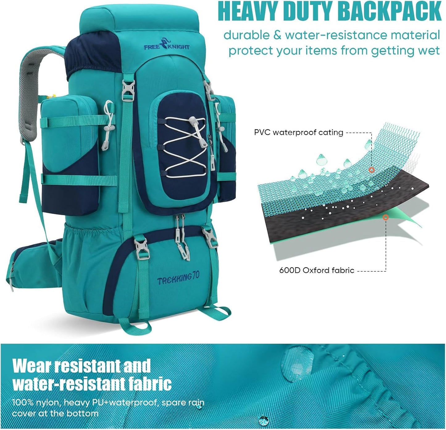 Bseash 70L (65+5) Waterproof Hiking Camping Backpack with Rain Cover, Outdoor Sport Travel Daypack for Climbing Touring (Blue Green)