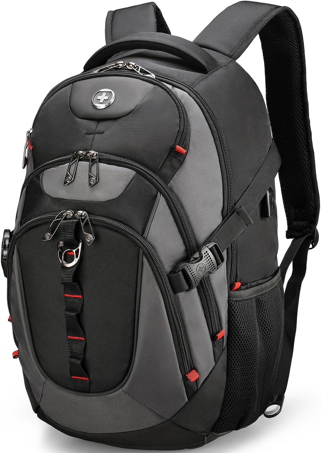 Swissdigital Design Laptop Backpack with USB Charging Port, Travel Backpack Fits 15.6 inches Computer, 31L College School Backpack for Men, Black/Grey | SD803