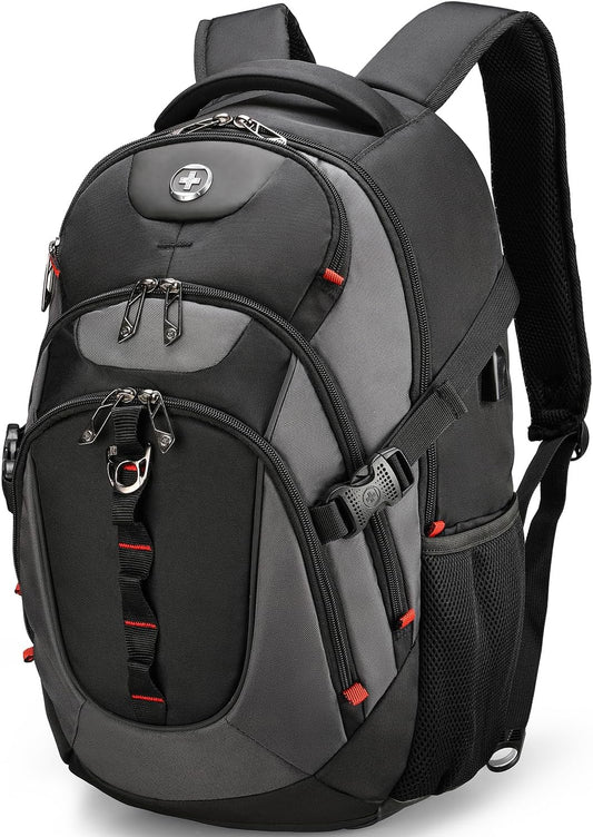 Swissdigital Design Laptop Backpack with USB Charging Port, Travel Backpack Fits 15.6 inches Computer, 31L College School Backpack for Men, Black/Grey | SD803