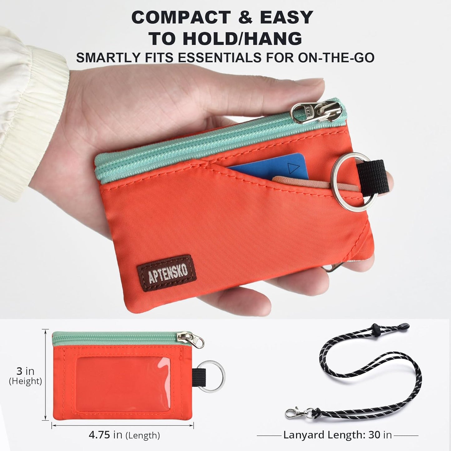 RFID Travel Wallet with Adjustable Lanyard-Zipper Small Wallet with ID Card Holder, Keychain for women&men-Minimalist Slim Waterproof Nylon case for ID, Cash, Key (Blazing Orange)