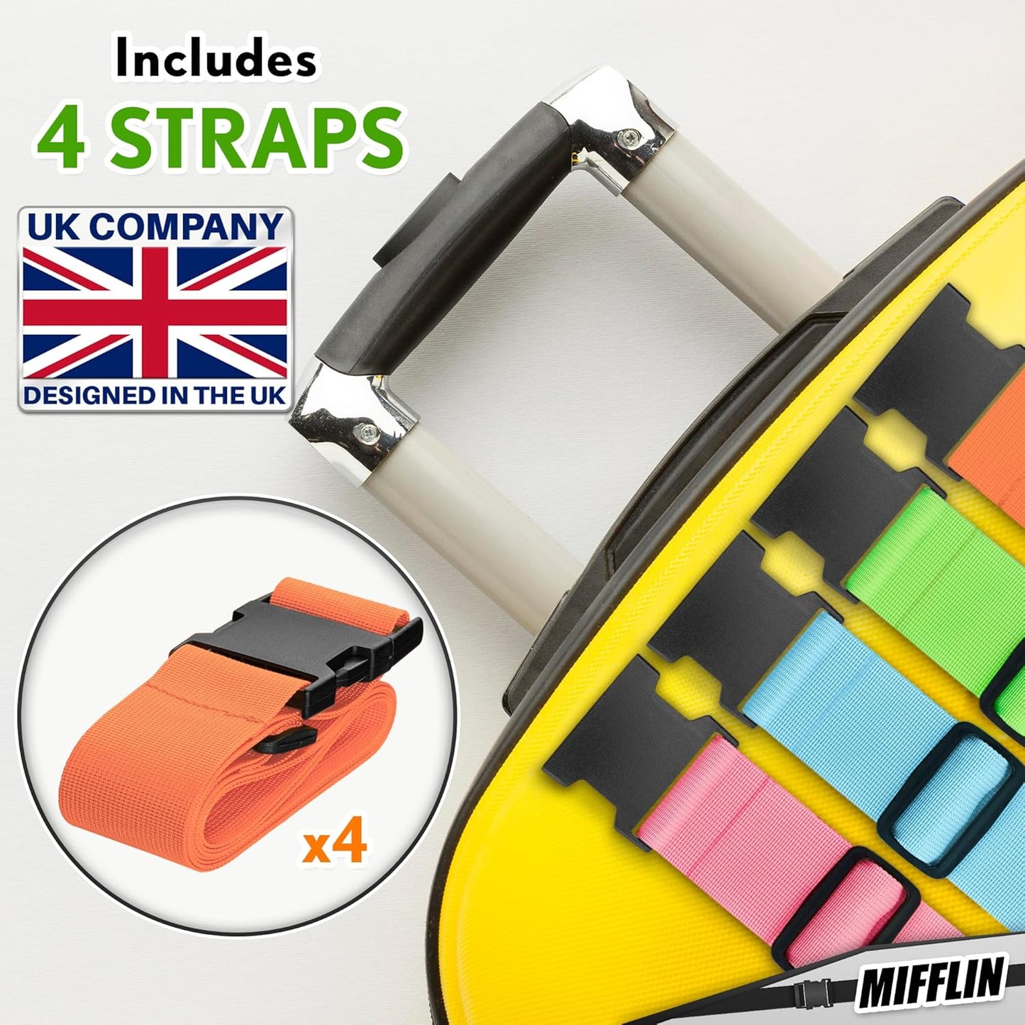 Luggage Straps - Mixed Color, 78" Long, 2 Inches Wide, 4 Pack - Adjustable Nylon Belt for Travel Suitcases & Bags - by Mifflin-USA
