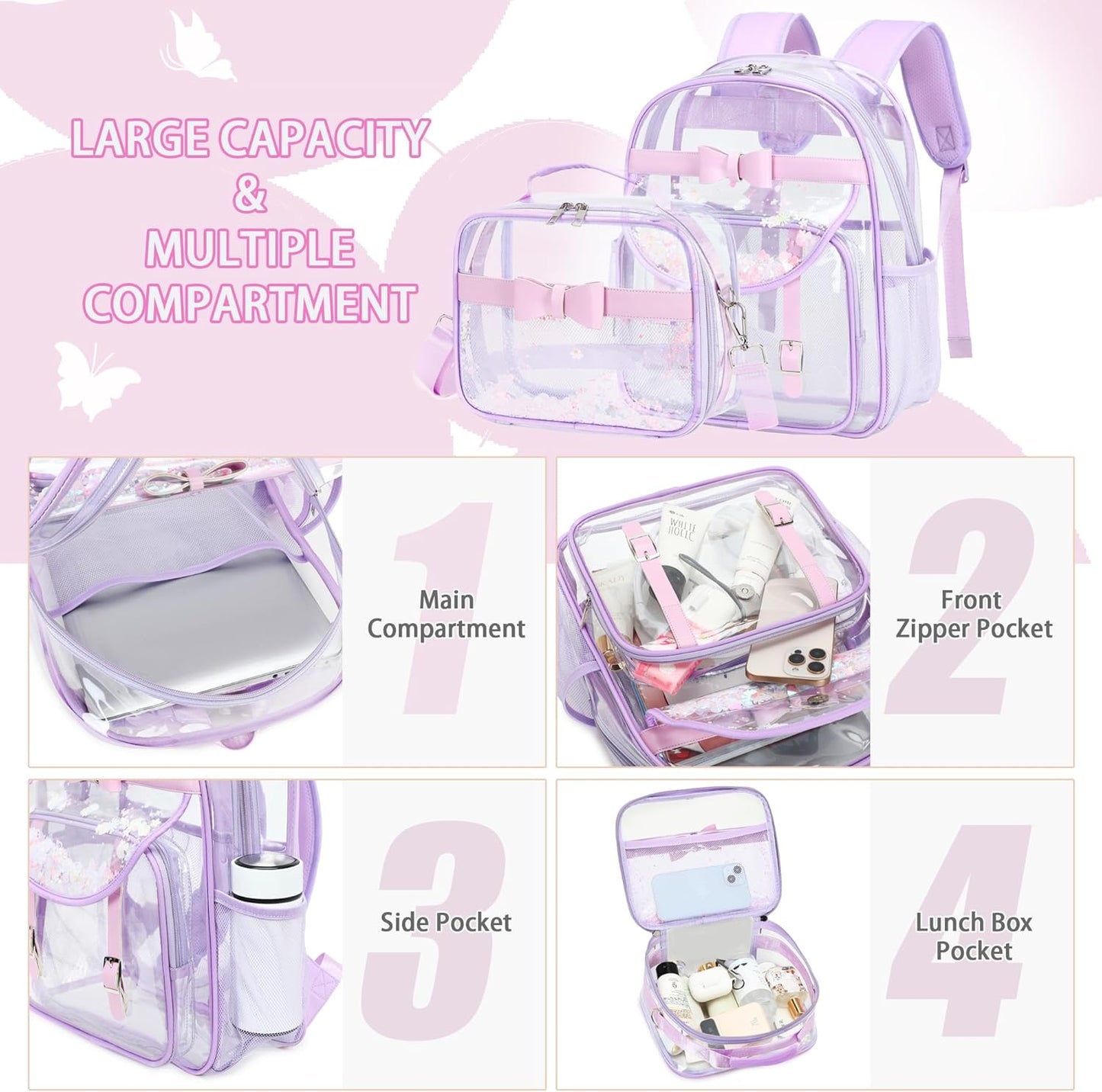 Clear Backpack for Girls and Boys 2PCS Heavy Duty Bookbag Stadium Approved Daypack Transparent School Bag See Through Backpacks for Kids Elementary,Students,College,Teens,Concert,Sports Purple set