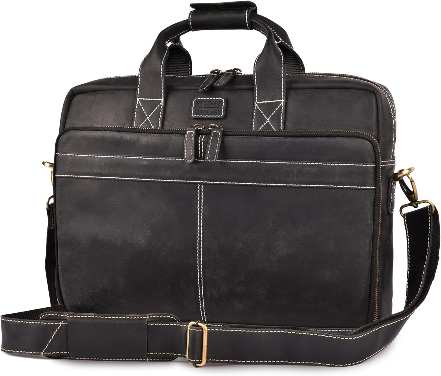 LEATHER VILLAGE 18" Leather Laptop Messenger Briefcase Bag for Men-Leather Satchel for Travel and Office Shoulder Bag- Black