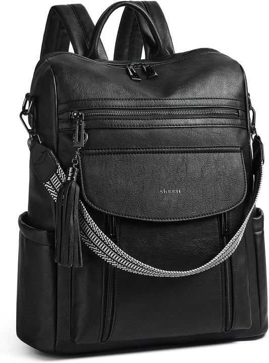 Shrrie Laptop Backpack for Women 15.6 inch,Travel Leather Backpack Purse Nurse Teacher Carry on Backpack Computer Bag,Professional Water-Resistant College Business Work Casual Daypack,Two-tone Black
