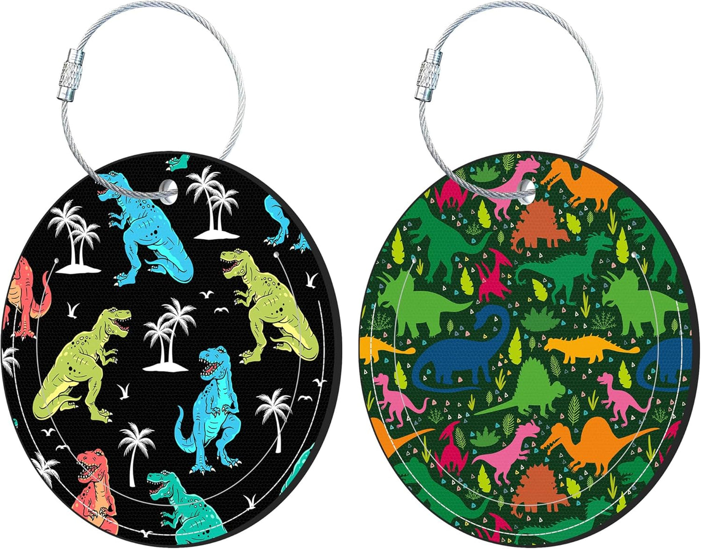Round Cute Luggage Tags 2 Pack Colored Dinosaur Creative Baggage Tags,Cruise Travel Baggage Suitcases Tag with Stainless Steel Loop ID Tag Privacy Flap