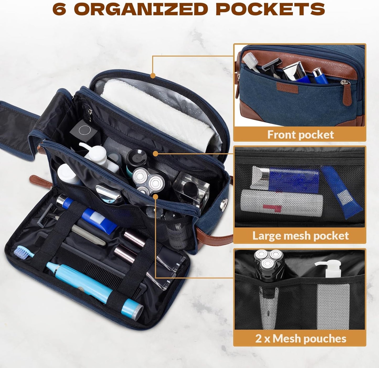Travel Toiletry Bag for Men - Canvas Toiletries Bag with Multiple Pockets Large Hanging Travel Kit Bag for Toiletries Essentials Accessories - Navy Blue
