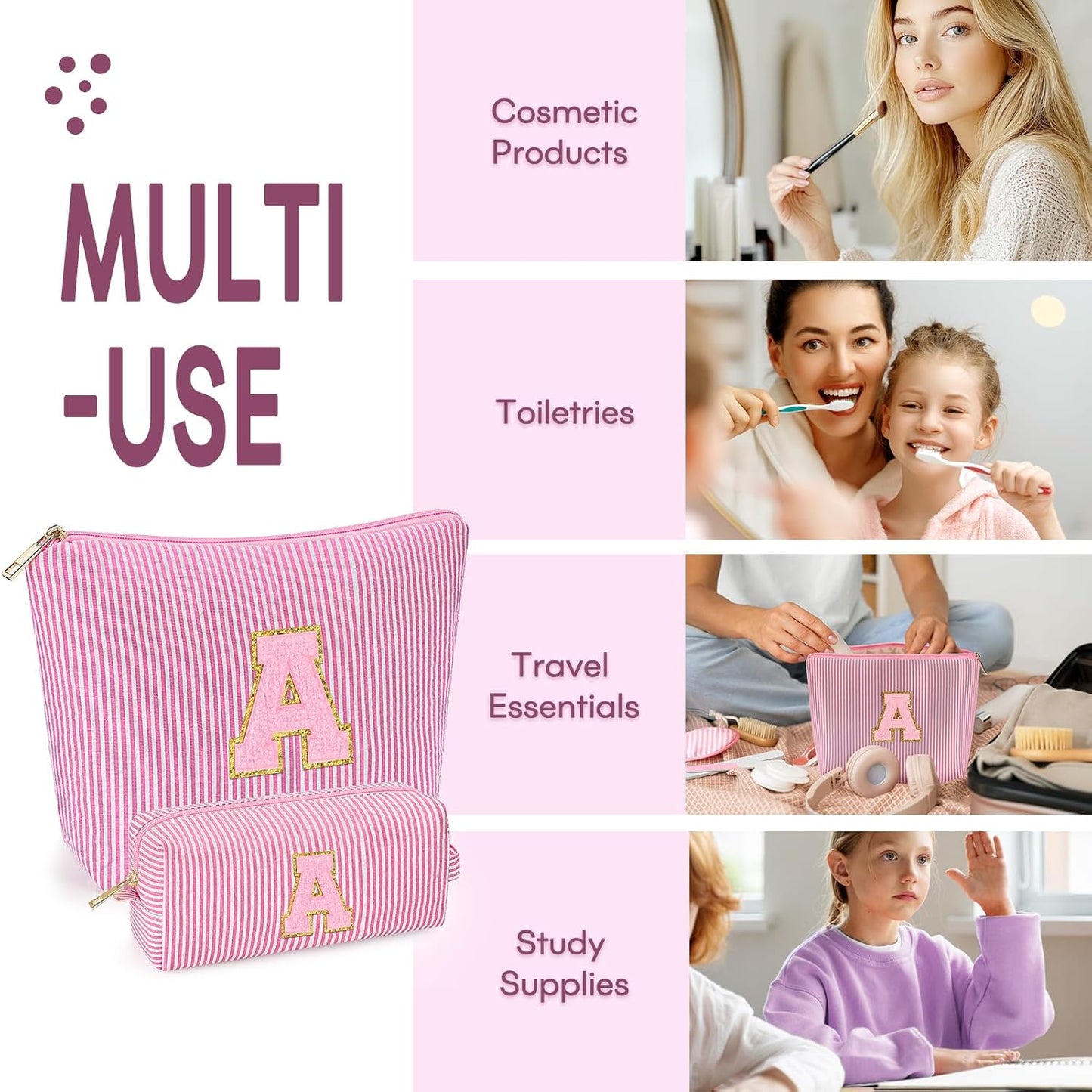 mibasies 2 PCS Initial Makeup Bags for Women: - Birthday Gifts for Teen Girls 11 12 13 14 15 16 Years Old - Preppy Trendy Stuff - Cosmetic Bag for Travel Toiletry - Pink A
