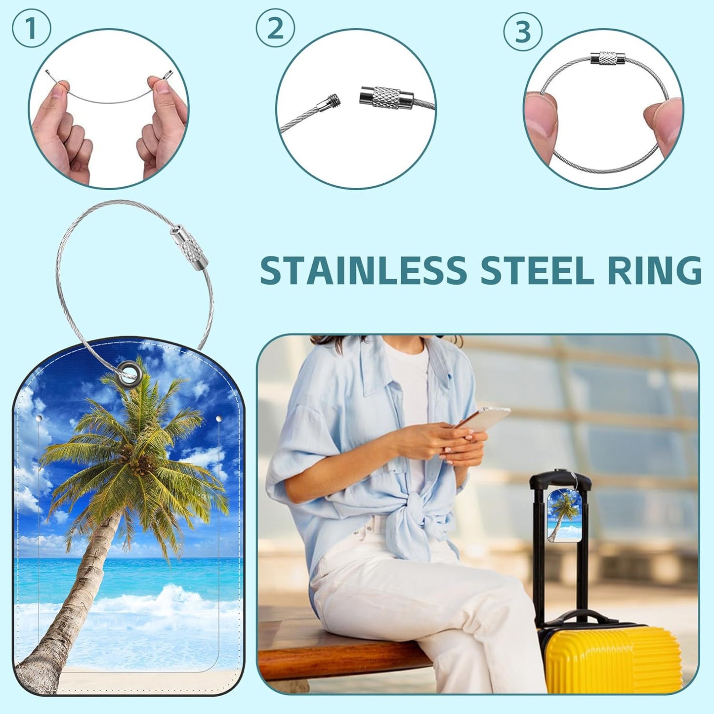 2 Pack Cute Luggage Tag for Suitcases Beach and Palm Tree Leather Luggage Tags with Stainless Steel Loop Privacy Flap Name Tags,Men and Women Travel Bag Suitcase Tags