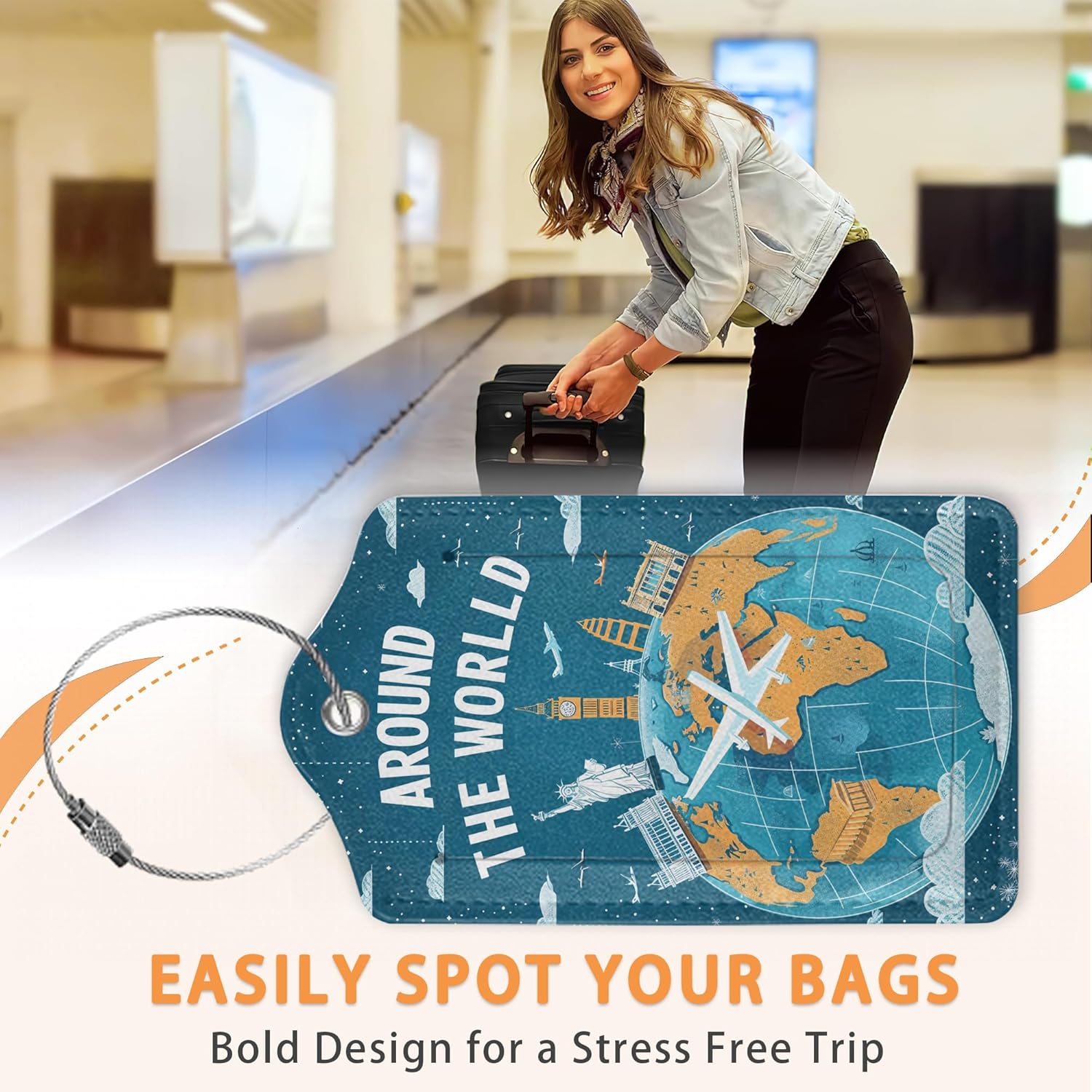 Around The World Travel Art 3 PCS Luggage Tags, Flight Map Leather Suitcase Tags with Privacy Cover