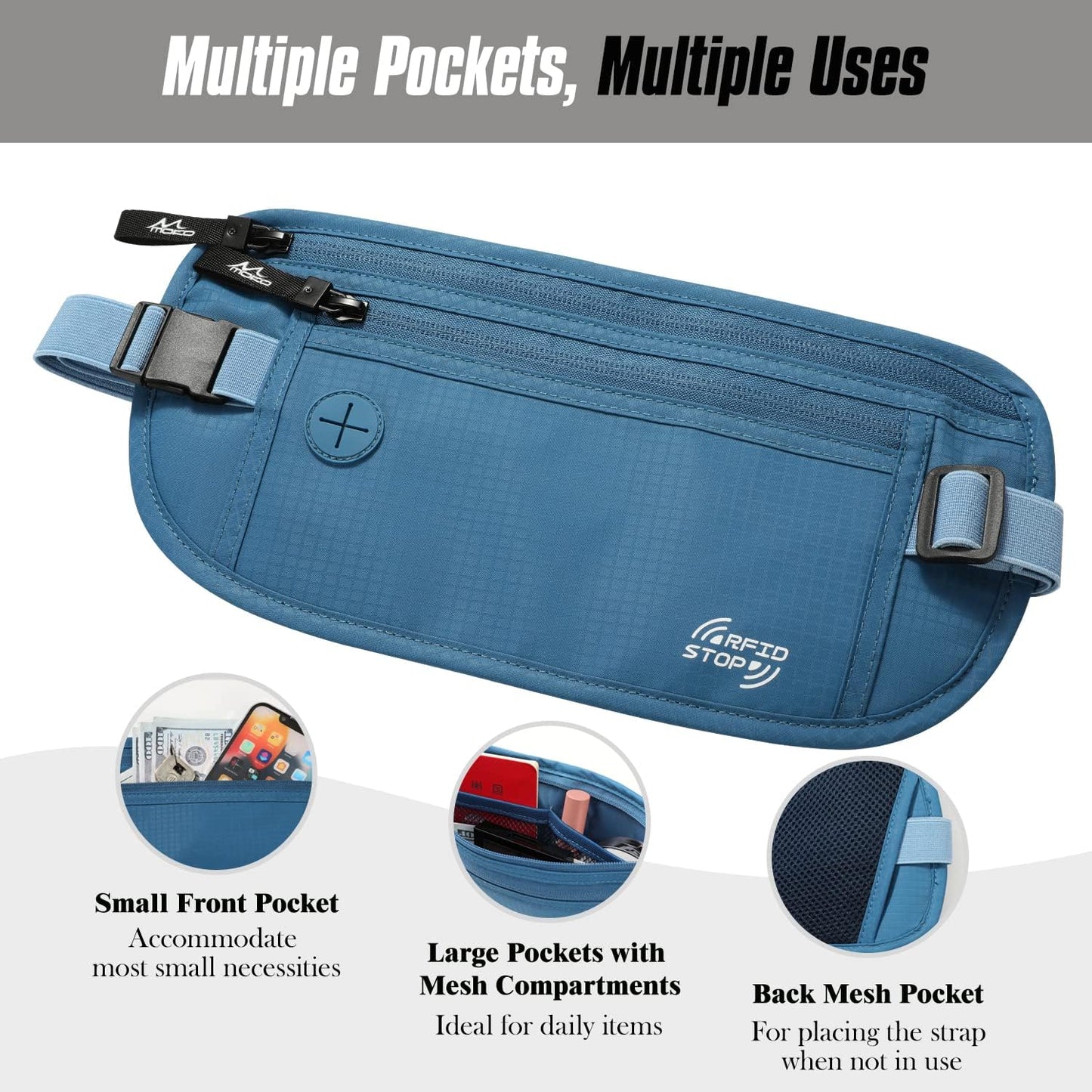 MoKo Secure Travel Money Belt, Undercover Hidden RFID Blocking Travel Wallet, Anti-Theft Passport Wallets for Men Women