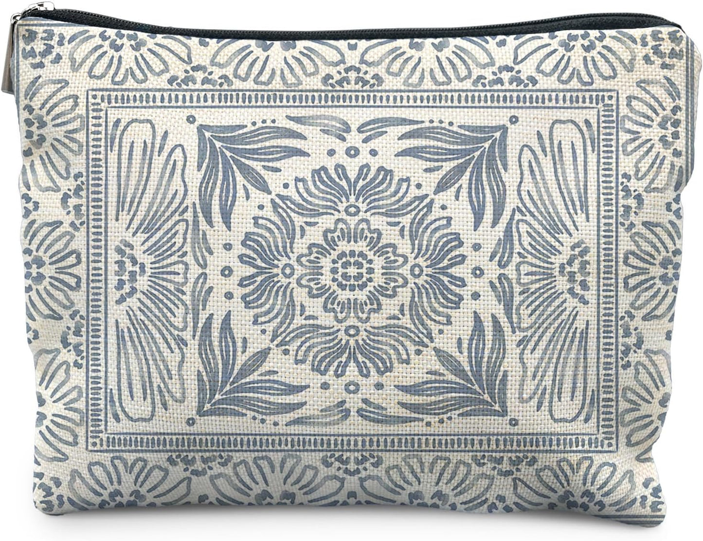 Light Blue Floral Makeup Bag - Vintage Moroccan Tile Chinoiserie Boho Blue Floral Cosmetic Bag