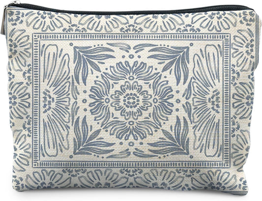 Light Blue Floral Makeup Bag - Vintage Moroccan Tile Chinoiserie Boho Blue Floral Cosmetic Bag