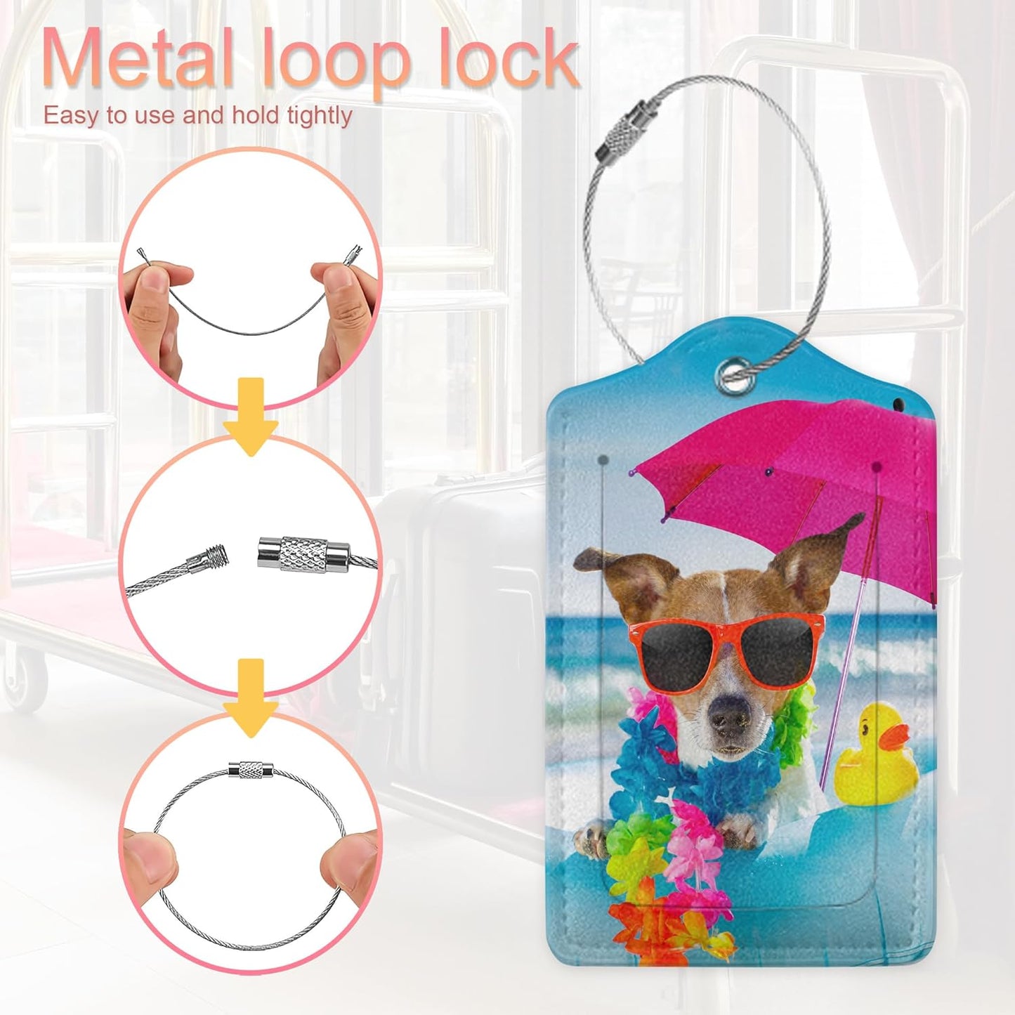 2 Pack PU Leahter Luggage Tag with Stainless Steel Loop,Funny Dog Luggage Tag Travel Suitcase Labels with Privacy Cover ID Label Quickly Spot for Bags & Baggage