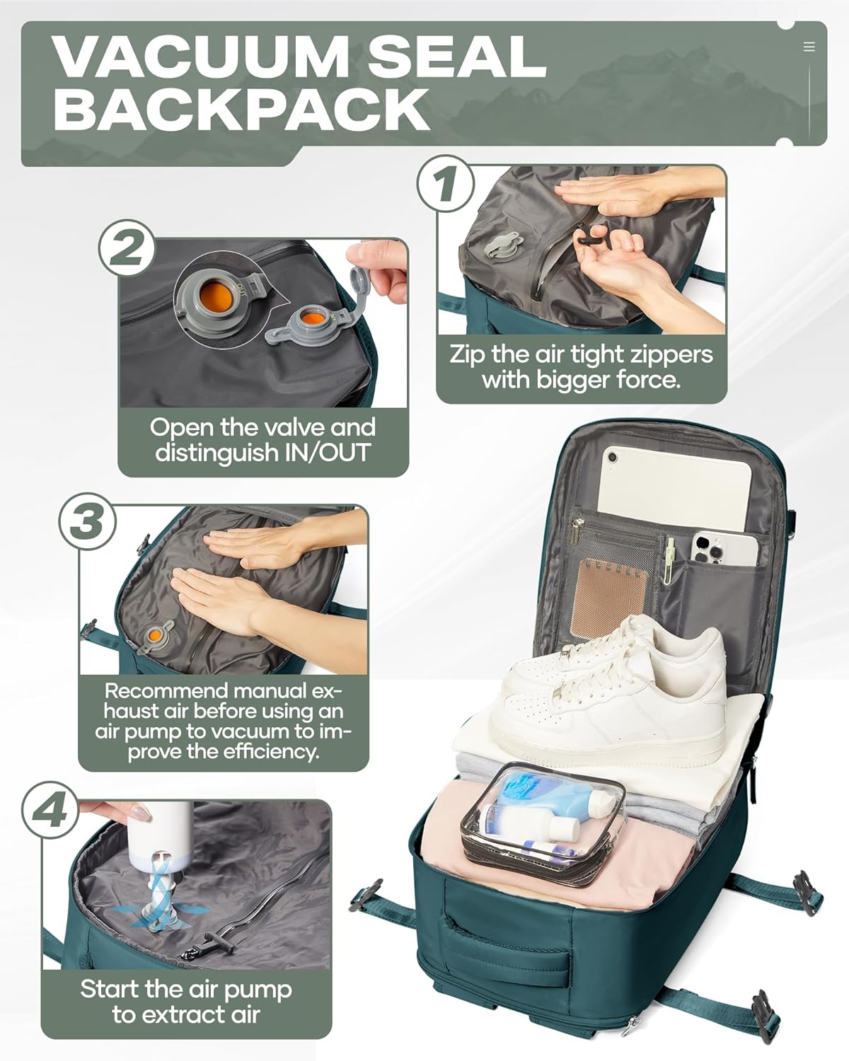 Vacuum Backpack Travel,travel backpack with vacuum system, Large Carry on Luggage Flight Approved, 18x14x8 IN Laptop Bag Personal Item Travel Bag, Peacock Blue