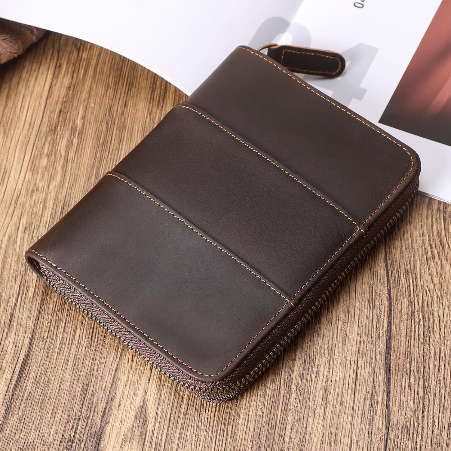Retro Passport Cover Genuine Leather Unisex Travel Zipper Wallet RFID Blocking (Dark Brown)