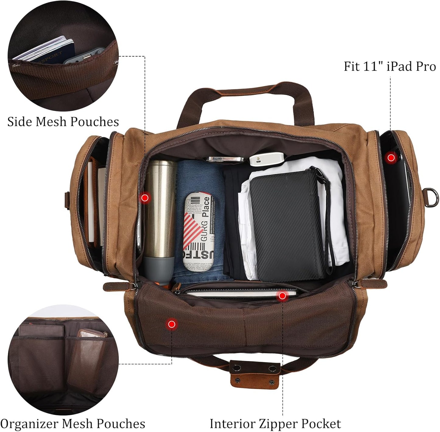 Polare 23" Waxed Canvas Cowhide Leather Travel Duffle Bag 42L Duffel Bag Waterproof Overnight Carry on Luggage Sport Weekender Bag For Men (Brown-23")