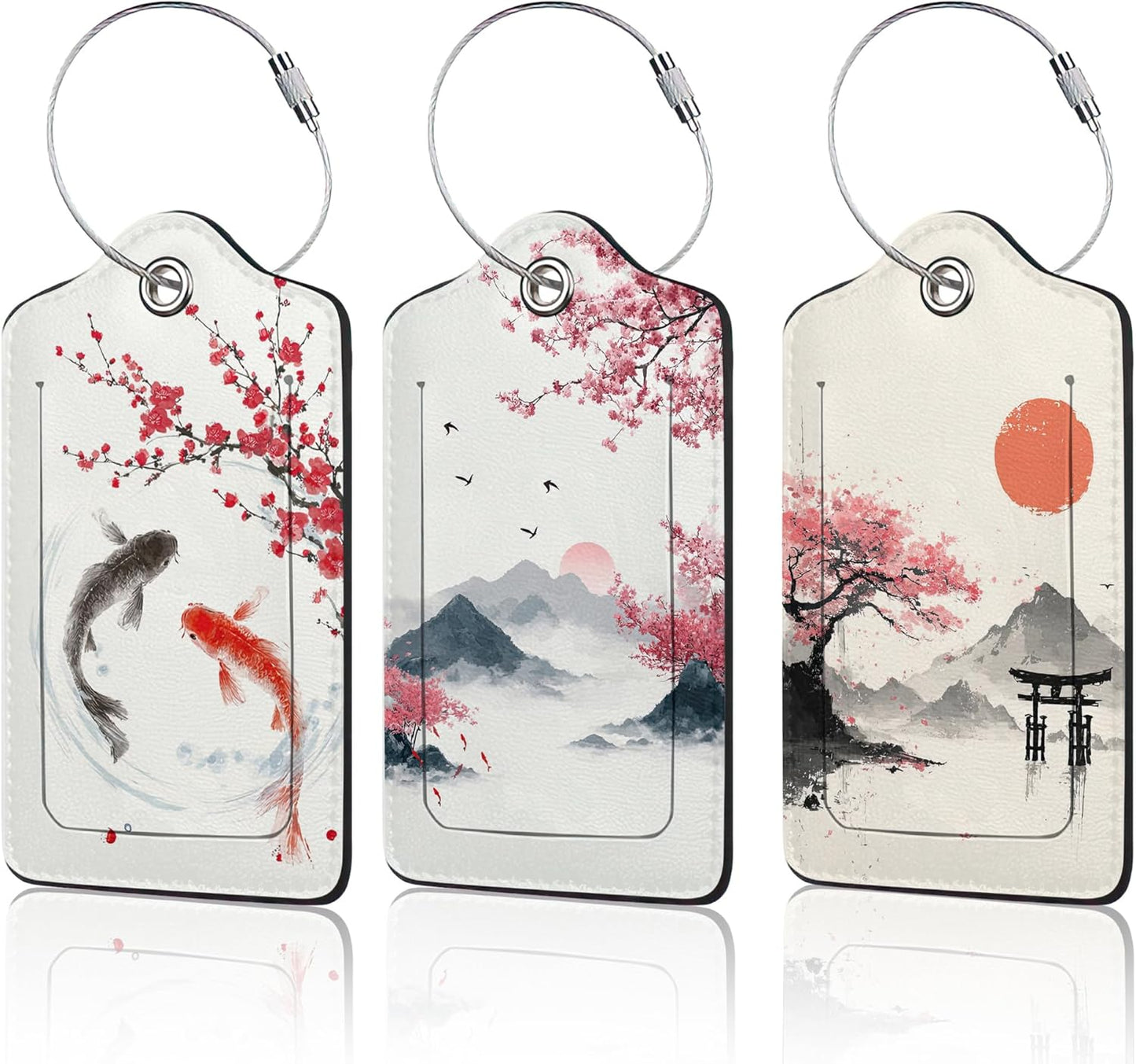 Japanese Cherry Blossom Luggage Tags for Suitcase,3 Pack Fujiyama Mountain Luggage Tag Leather Privacy Cover ID Label with Stainless Steel Loop for Women Men