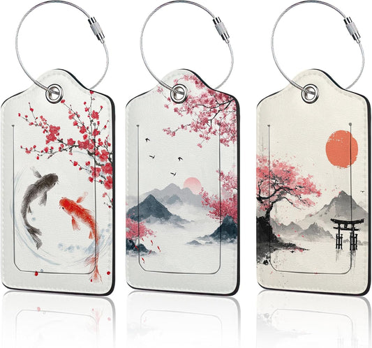 Japanese Cherry Blossom Luggage Tags for Suitcase,3 Pack Fujiyama Mountain Luggage Tag Leather Privacy Cover ID Label with Stainless Steel Loop for Women Men