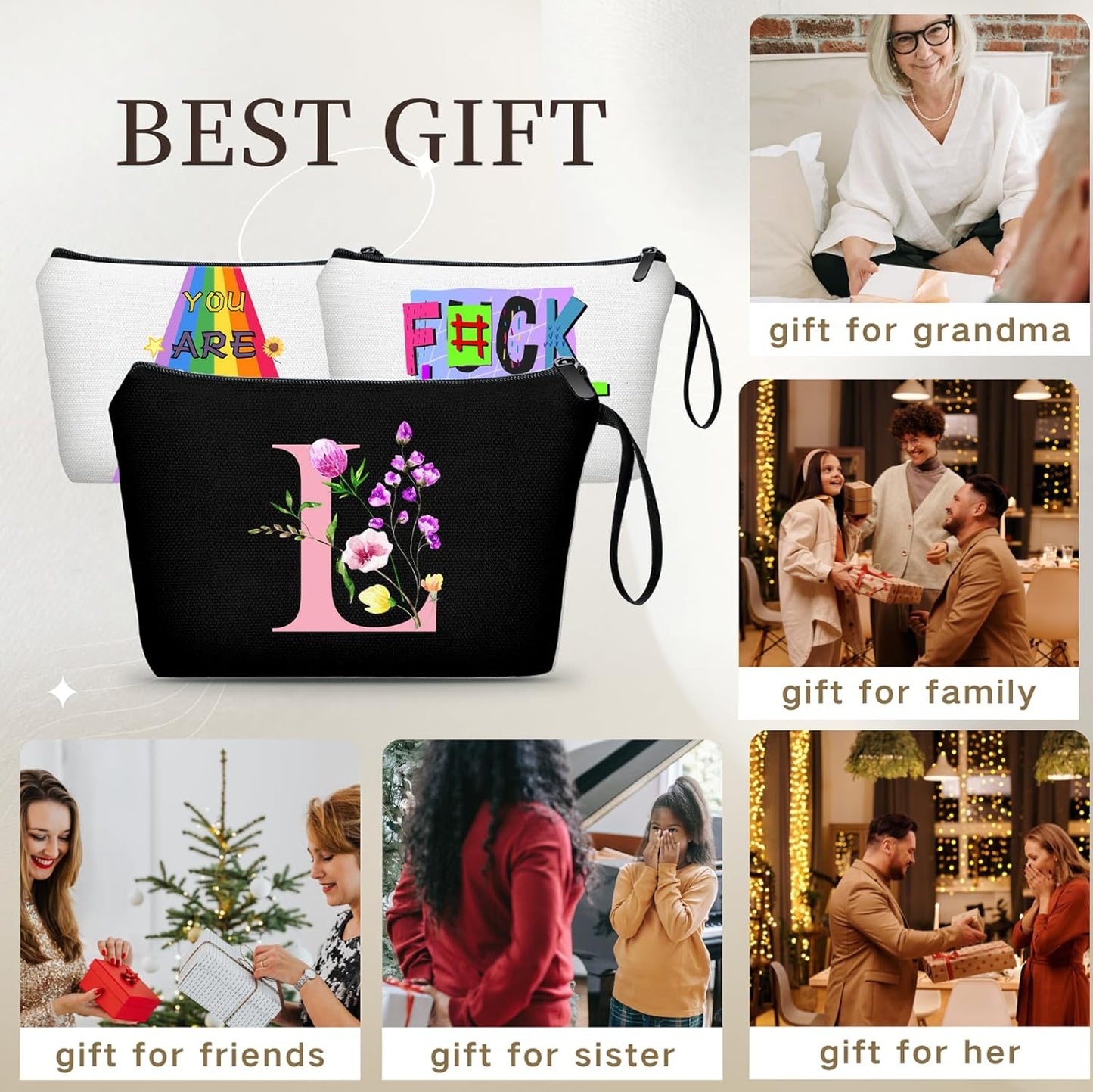 SEAMOON Women Birthday Unique Initial Funny Gifts for Teenage Girl Sister Friends Bridesmaid Personalized Travel Make up Cosmetic Bag with Mirror Valentines Mothers Day Christmas Graduation L