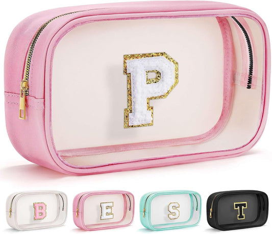 YOOLIFE Travel Toiletry Bag for Women, Pink Clear Makeup Bag Cute Make Up Bag for Women Cosmetic Bags Skin Care Makeup Bag Organizer Birthday Gifts for Women Teacher Mother Girlfriend Initial P