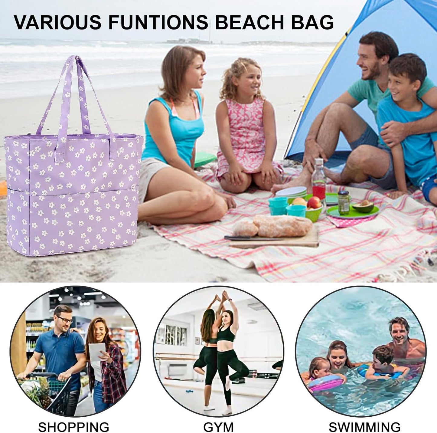 Bluboon Waterproof Beach Tote Pool Bags for Women Ladies Extra Large Carry On Bag With Wet Compartment for Weekender Travel