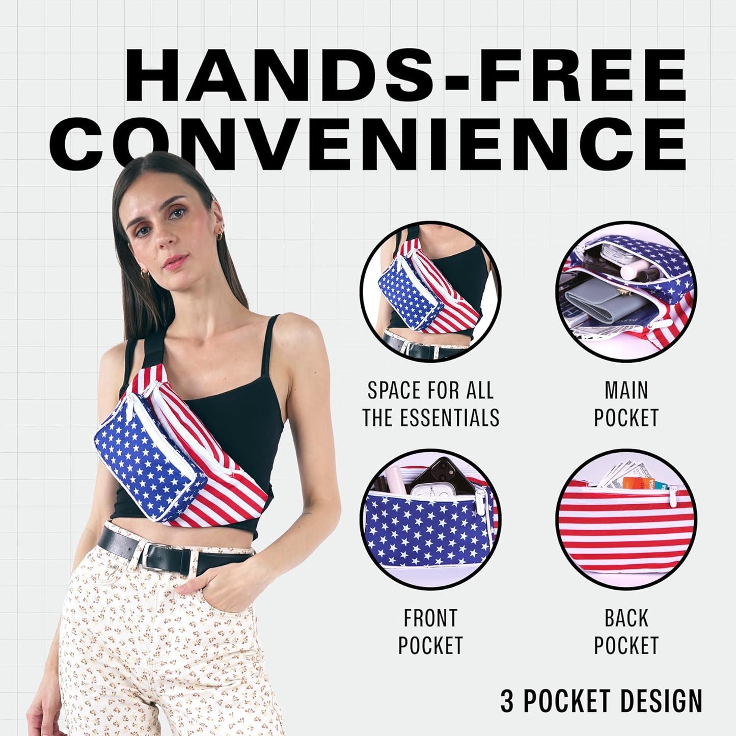 American Flag - 4th of July Fanny Pack Belt bag - Crossbody Waist Bag for Men or Women - Hands-Free, Waterproof Large Bumbag for Hiking, Running, and Travel