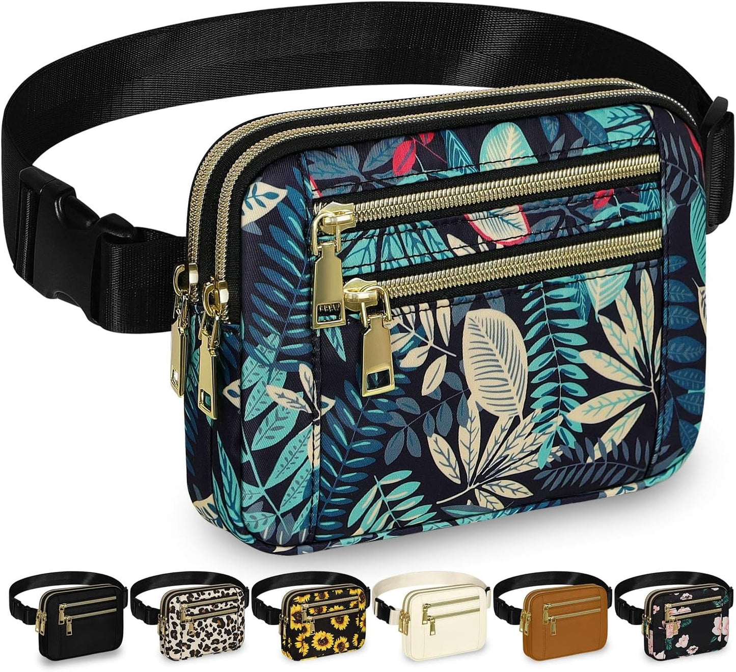 Capolo Fanny Packs for Women Fashion Waist Packs Bag with Adjustable Strap and 4 Zipper Pockets Waterproof Everywhere Crossbody Belt Bag for Workout Running Travelling(Blue Leaves, Large)