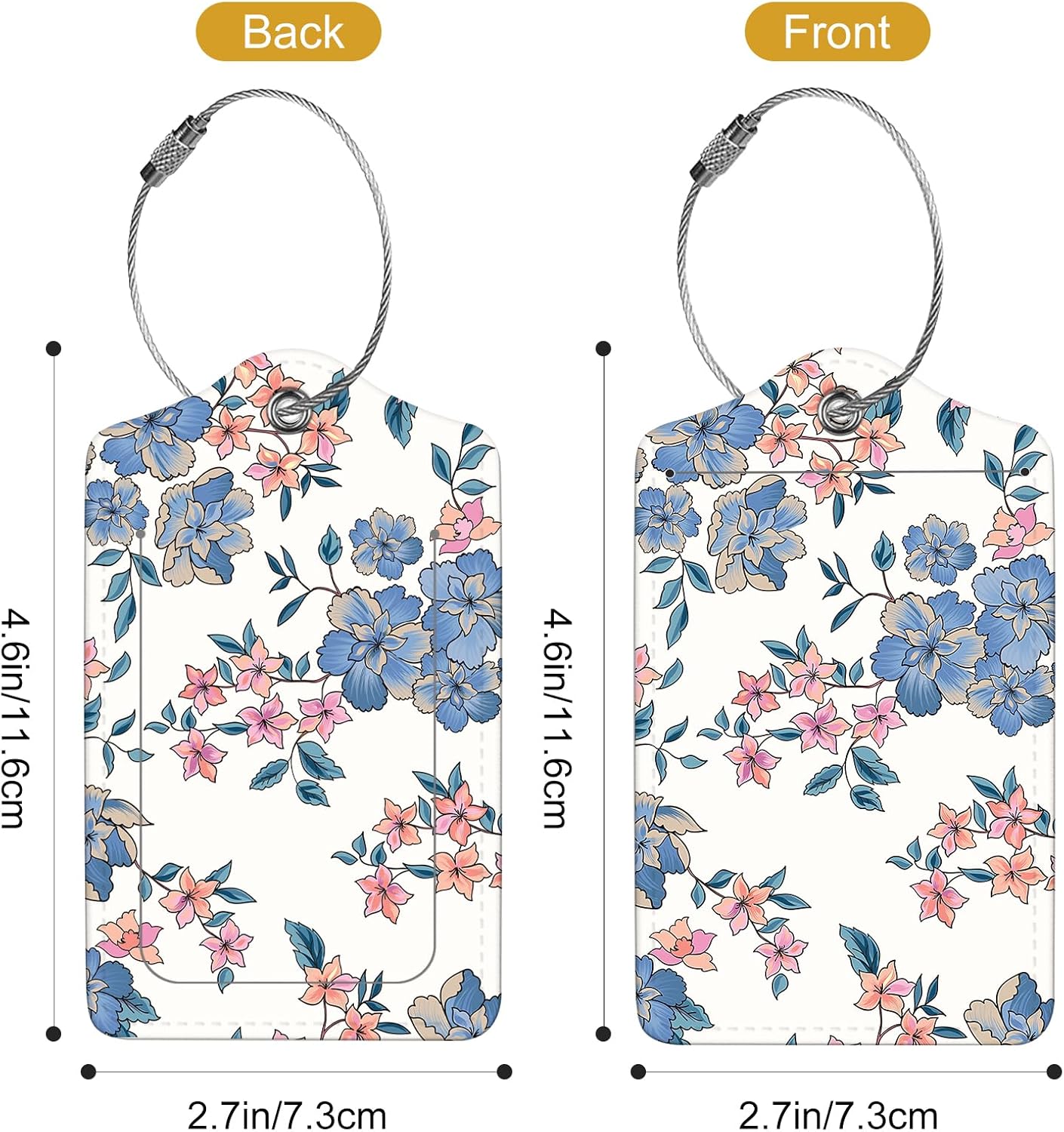 2Pack Luggage Tags for Suitcases, Cute Unique Pu Leather Cruise Luggage Tag with Privacy Cover ID Label Address Card and Metal Ring Suitable for Women Men Kids Travel Bag Blue Pink Flowers