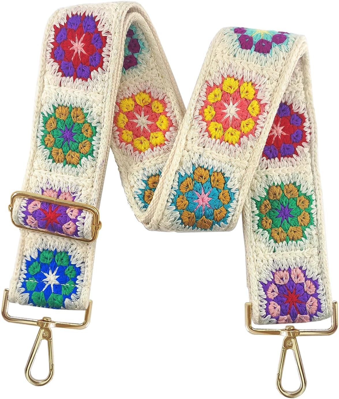Embroidery Flower Purse Strap Replacement Crossbody 2 Inch Wide with Letter S Keychain for Women's Handbags