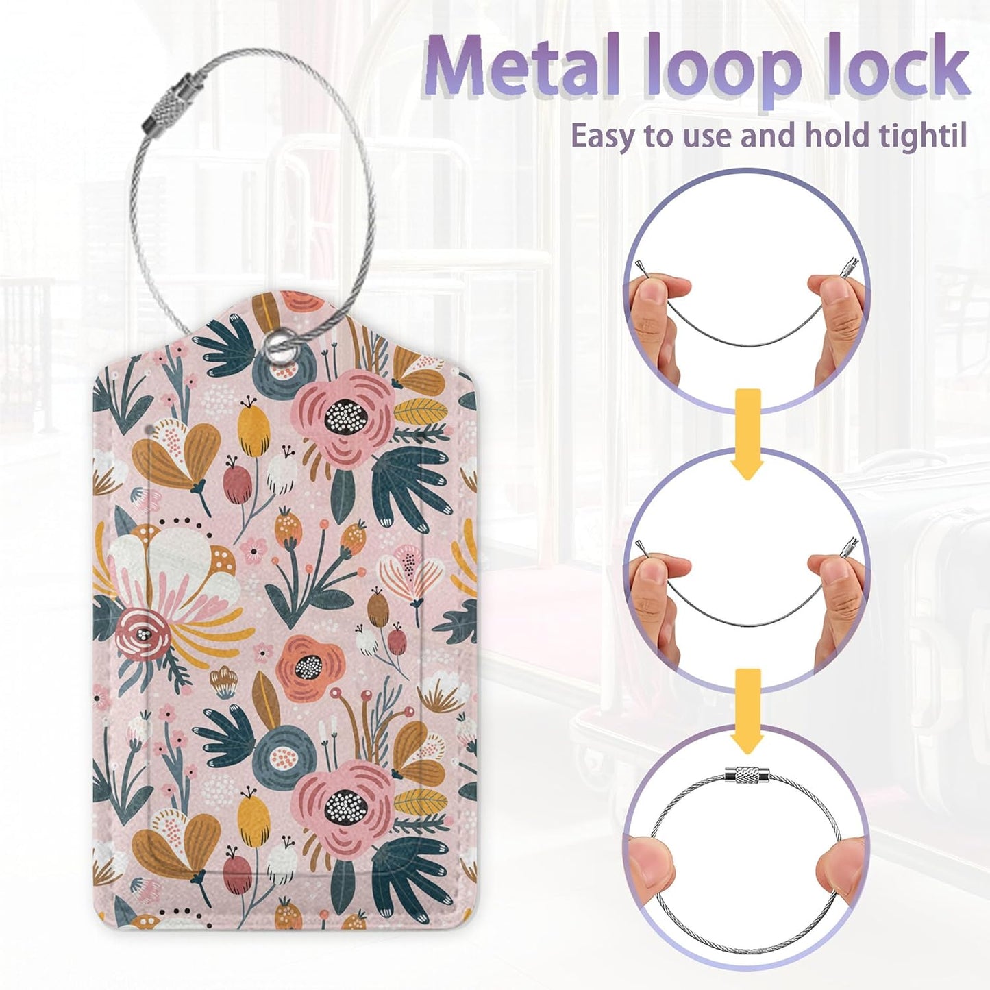 2Pcs Luggage Tag for Suitcase Boho Pink Flowers Cute Suitcase Tag with Privacy Flap & Name ID Label & Metal Loop,Travel Bag Luggage Tags for Women