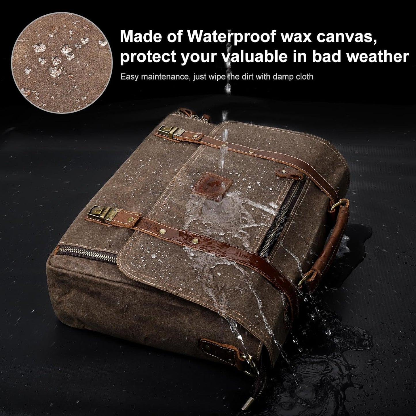 Manificent Laptop Messenger bag for Mens 15.6 Inch, Waterproof Vintage Genuine Leather Mens Briefcase shoulder bag 16 Storage Pockets, Waxed Canvas Leather Computer Business Satchel Work Bag (Brown)
