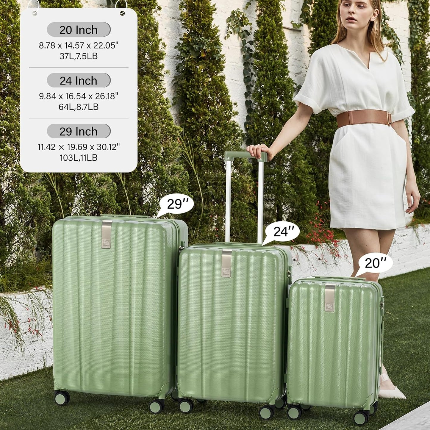 Hanke Hardshell Luggage Sets 2 Piece Extra Large Suitcases with Lock,28 Inch Luggage with Spinner Wheels, Travel Suitcase for Women Men 20 29Inch,Bamboo Green