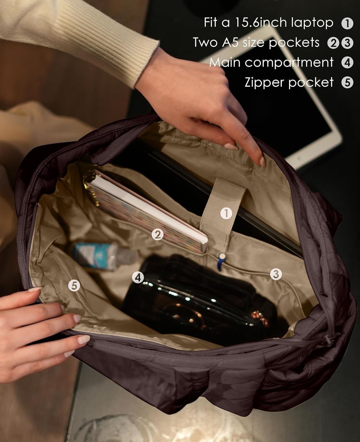 Tote Bag for Women, Lightweight Puffer Tote Work Bags with Compartments for Travel, Quilted Shoulder Bag with Zipper